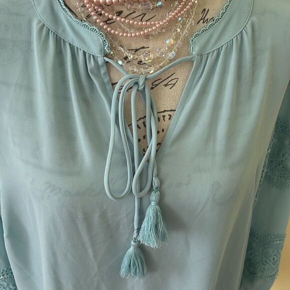 *Karl Lagerfeld* Sz 1X Seafoam Green Embroidered Lace Accent Tassel Bloue - Picture 8 of 10